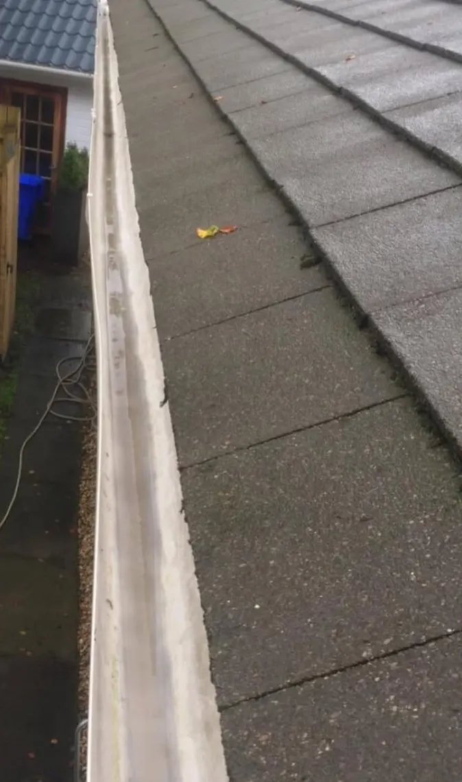White uPVC gutter cleared of leaves and moss